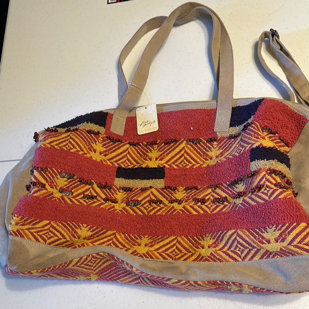 Free People Geometric Red and Tan Tote Bag
